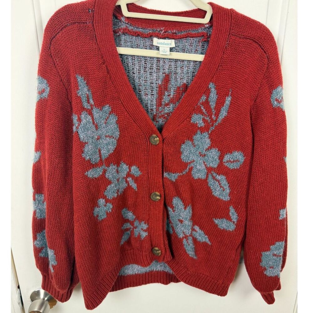 Sundance Floral Knit Button Cardigan Sweater Large Wool Blend Red Blue